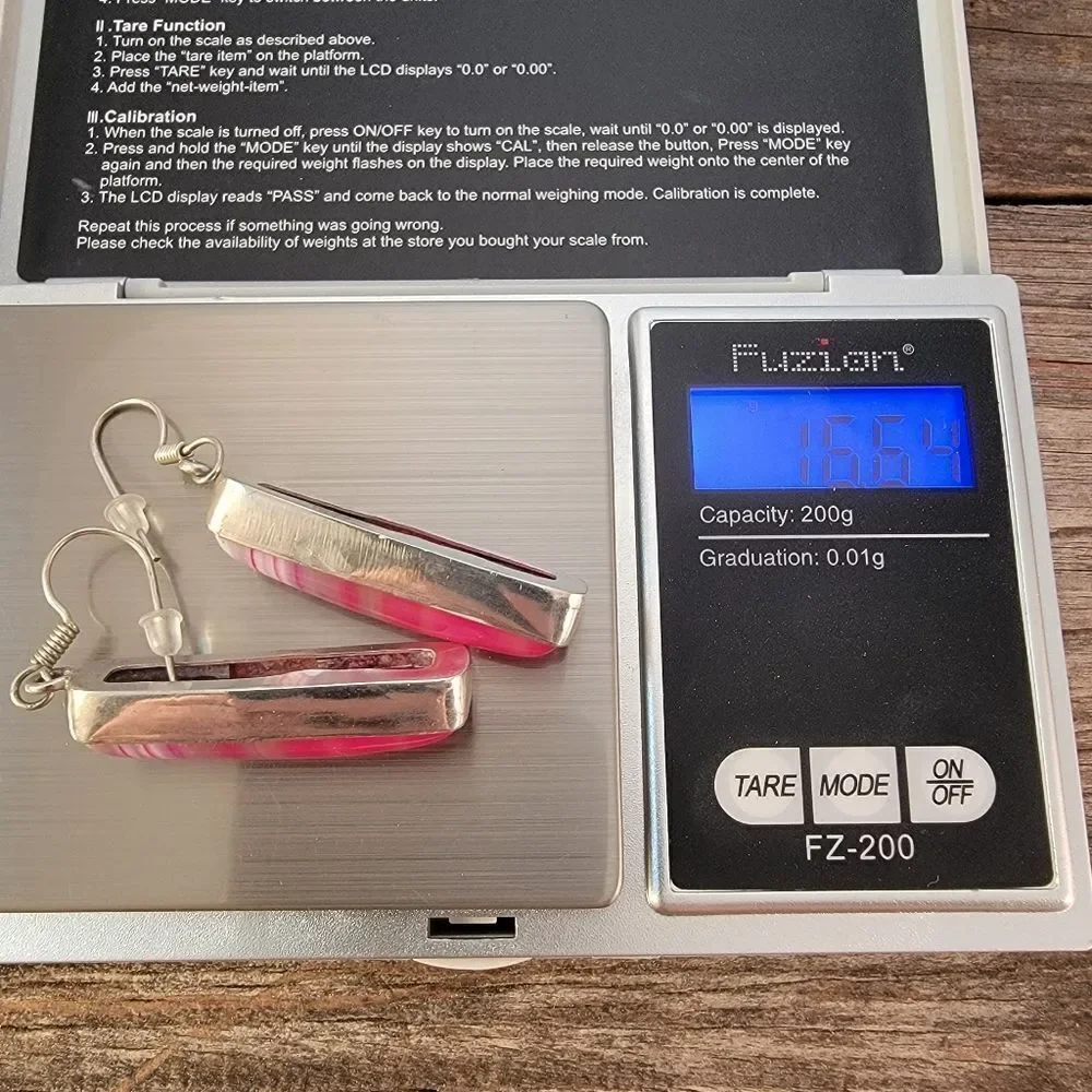 Silver Long Rectangle Pink Agate Bezel Set Dangle Earrings